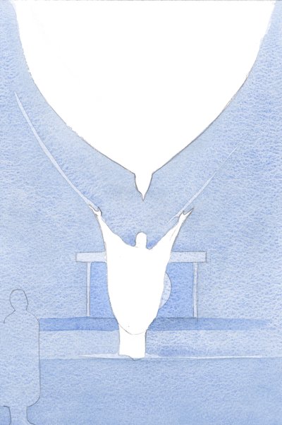 Den Allerhelligste Ånd - som med udstrakte vinger - var opstillet over Kristi hoved og tog imod hans offer i Faderens kærlighed., 2001 (w/c på papir) af Elizabeth Wang