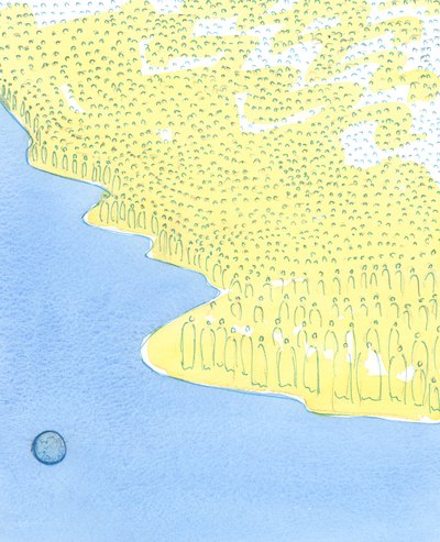 De hellige er samlet i himlen som på en ø langt over vores syndige verden, 2003 (w/c på papir) af Elizabeth Wang