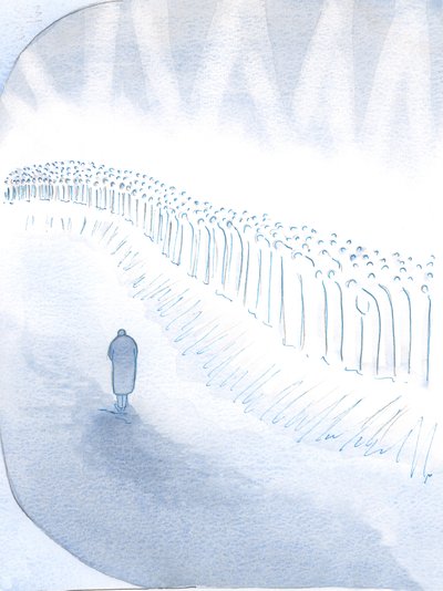 De hellige i himlen ærer dem, der - selv om de er ufuldkomne - lever for Kristus på jorden., 2000 (w/c på papir) af Elizabeth Wang