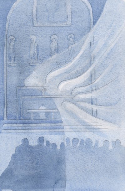 Englene tilbeder Kristus i den hellige eukaristi, 2001 (w/c på papir) af Elizabeth Wang