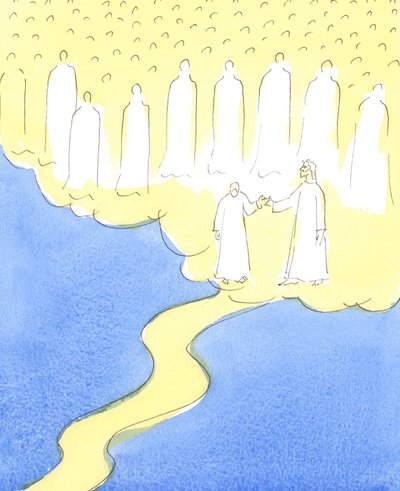 Den velsignede sjæl, der har holdt ud til det sidste, i kærlighed til Kristus og sin næste, ledes af Kristus ved hånden for at møde de himmelske venner, som er samlet for at byde hende velkommen i deres selskab, 2004 af Elizabeth Wang