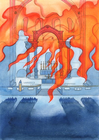 Kirken eller katedralen, hvori katolikker beder, hviler i Guds varetægt, 2003 (w/c på papir) af Elizabeth Wang