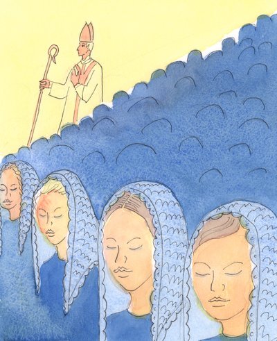Tildækning og afdækning af hovedet er vigtigt for Bishops, 2004 (w/c på papir) af Elizabeth Wang