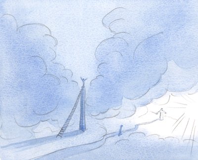 Den utålmodige sjæl (Kristus viste mig) bygger et højt tårn, stræber efter lys, i stedet for støt at følge den lave, smalle vej., 2001 (w/c på papir) af Elizabeth Wang