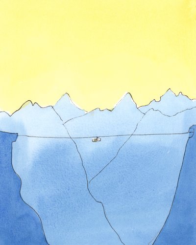 Rejsen fra liv til død er som at være på en svævebane mellem to bjerge, 2004 (w/c på papir) af Elizabeth Wang