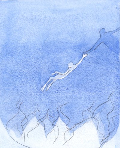 Den, der kærligt "rækker en hånd ud", i bøn for de døende, kan redde nogen selv fra helvedes rand, 2001 (w/c på papir) af Elizabeth Wang