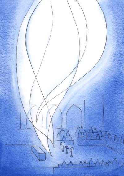 Munkenes lovprisninger er værdig til Gud og Himlen, ligesom min, når jeg hviler i Gud, i og gennem Kristus, for at tilbede og tilbyde mig selv, 2003 (w/c på papir) af Elizabeth Wang