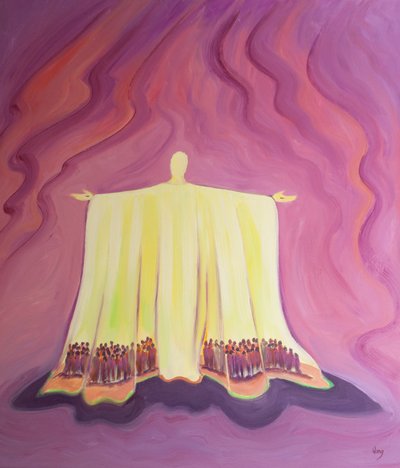 Jesu bøn i messen er som et telt, der giver ly og beskytter os i ørkenen af daglige kampe og fristelser, 2001 (olie om bord) af Elizabeth Wang