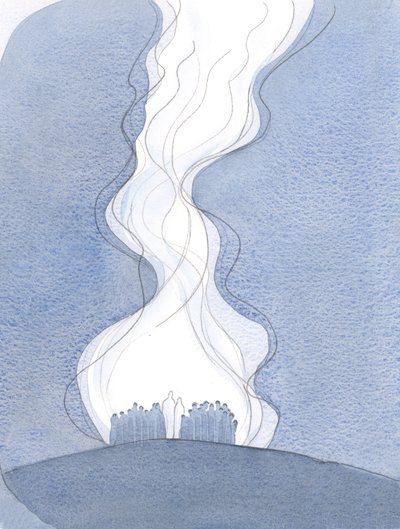Kirkens bøn, bedt gennem Jesus og med Maria, er som en navlestreng, der stiger op til Faderen og slutter os til himlen., 2001 (w/c på papir) af Elizabeth Wang