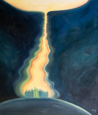 Kirkens bøn, bedt gennem Jesus og med Maria, er som en navlestreng, der stiger op til Faderen og slutter os til himlen., 2001 (olie om bord) af Elizabeth Wang
