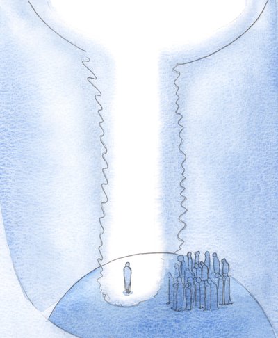 Sjælen, der tømmer sig for forgæves begær, laver plads på jorden til Kristus, og himmel og jord forenes, 2000 (w/c på papir) af Elizabeth Wang