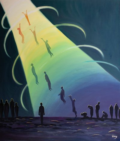 Skærsildens sjæle trækkes ind i Guds lyksalighed, så snart de kan bære lyset af Hans herlighed, 2001 (olie om bord) af Elizabeth Wang