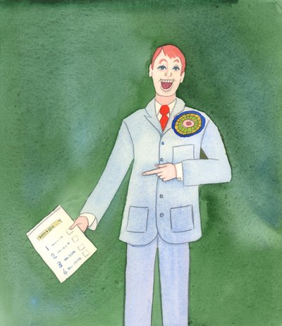 Den katolske kirkes lære kan ikke sammenlignes med forslagene i et partipolitisk manifest, som bare kan kasseres, hvis vælgerne ikke bryder sig om dem, 2004 (akvarel på papir). af Elizabeth Wang