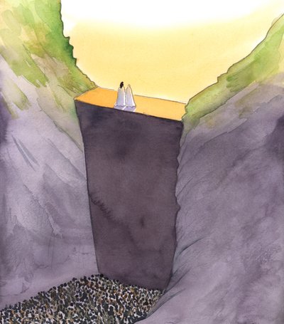 Syndens mur, som adskiller os fra Gud, skaleres kun af Kristus, som står sammen med sin mor. Han alene kan hjælpe os med at nå himlens herlighed, 2002 (w/c på papir) af Elizabeth Wang