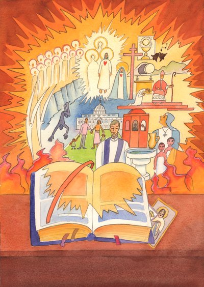Hele den katolske tro er indeholdt i Missalet og fejret i Liturgien, 2003 (w/c på papir) af Elizabeth Wang