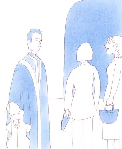 Der er katolikker, som er enige med deres præst, når han siger, hvor godt det ville være for dem at lære mere om troen; og nogle beder ham endda om at arrangere foredragsholdere, 2005 (akvarel på papir). af Elizabeth Wang