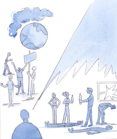 Der er mange farer ved det jordiske liv, f.eks. forurening og hungersnød, 2004 (akvarel på papir) af Elizabeth Wang