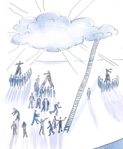 Der er mange velmenende mennesker, der tilbyder folkemængderne meget forskellige ideer om Gud, 2004 (w/c på papir) af Elizabeth Wang