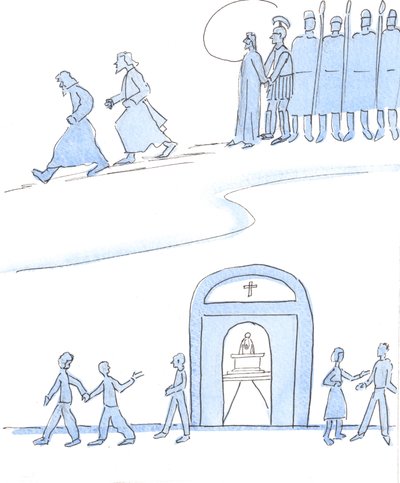 De Kristi venner i dag, som ikke gider gå til messe, opfører sig som Kristi venner for længe siden, der stak af, da Kristus blev arresteret og korsfæstet., 2004 (w/c på papir) af Elizabeth Wang