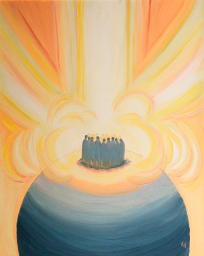Gennem Kristus omslutter Himlens lys os ved hver messe, 2000 (olie om bord) af Elizabeth Wang