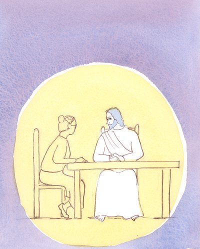 Gennem den hellige nadver er vi nærværende med Kristus; og vi kan tale med ham lige så intimt, som hvis vi sidder rundt om køkkenbordet, 2004 (w/c på papir) af Elizabeth Wang