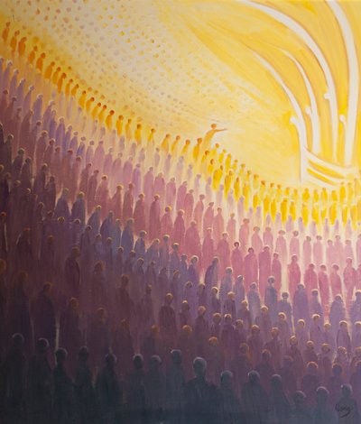 Gennem vores bønner modtager skærsildens hellige sjæle trøst og hjælp og kommer tættere på Himlen, 2000 (olie om bord) af Elizabeth Wang