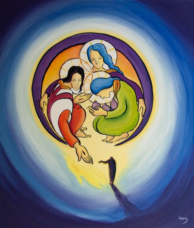 Gennem omvendelse og tro på Kristus tillader vi ham at trække os ind i hjertet af den hellige treenighed, 2001 (olie om bord) af Elizabeth Wang