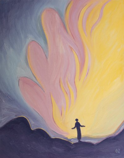 Gennem fordybelsesgaven kan en sjæl skimte kærlighedens fantastiske ild, som er den hellige treenighed, 2000 (olie om bord) af Elizabeth Wang