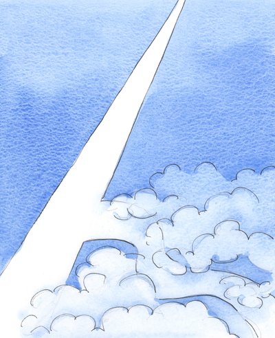 Indtil vi finder den smalle vej, som fører direkte til himlen, er det, som om vi vandrer rundt på en ukendt vej, i et overskyet område, i mørke, 2003 (w/c på papir) af Elizabeth Wang