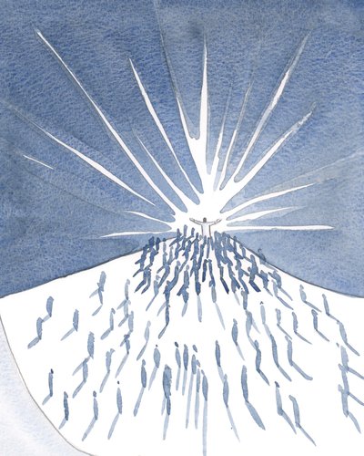Vi bad Kristi bøn, klamrede os til ham ved messen, i ly af hans herlighed, afhængige af hans hellighed., 2001 (w/c på papir) af Elizabeth Wang