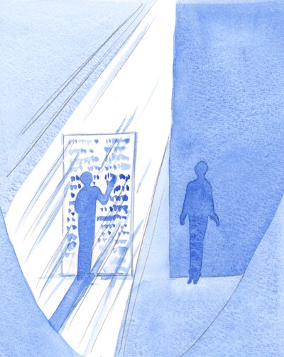Vi ser den hellige skrift som trykte ord på papir, men alligevel strømmer Guds lys og visdom gennem teksten over dem, der vil nærme sig dem, mens andre vælger at stå i mørket, 2001 (w/c on pap) af Elizabeth Wang