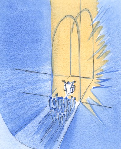Vi, der står foran alteret, er blevet samlet her af Gud selv. Vi lever i hans herlige venskab, Kristus i vores midte, 2002 (w/c på papir) af Elizabeth Wang