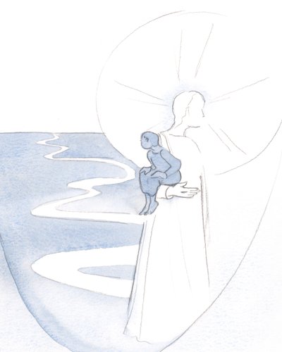 Når jeg stoler på Kristus, i stille bøn, er jeg som et lille barn, der bæres i sin vitalitet og glæde., 2000 (w/c på papir) af Elizabeth Wang