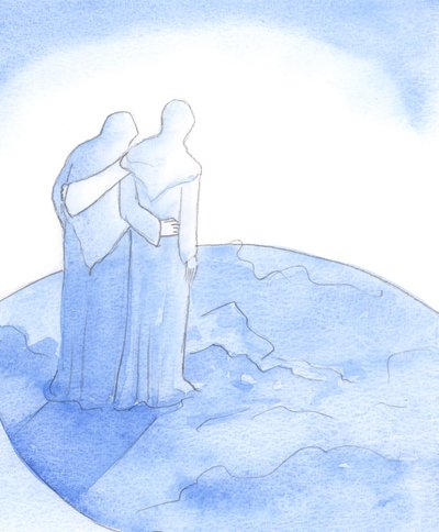 Da Vor Frue hilste på Elizabeth ved visitationen, priste de Gud for hans kærlighed. Vor Frue havde hele verden i tankerne, som hendes søn ønskede at hjælpe, 2002 (w/c på papir) af Elizabeth Wang