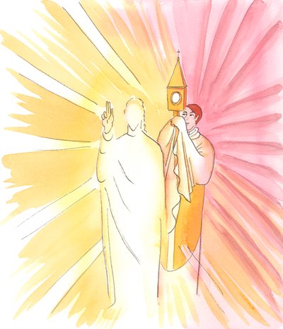 Når en præst holder monstransen med den hellige vært og velsigner os med den, velsigner Kristus os selv, selvom vi ikke ser ham, 2003 (w/c på papir) af Elizabeth Wang
