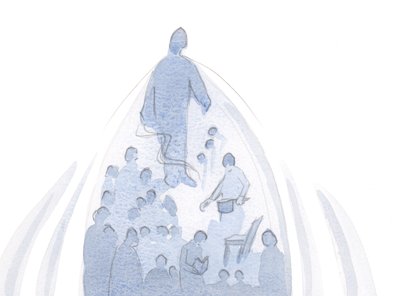Når en sjæl tilbyder alt, i hyldest til Faderen, bliver alt i det liv trukket opad, af Gud til sig selv., 2001 (w/c på papir) af Elizabeth Wang
