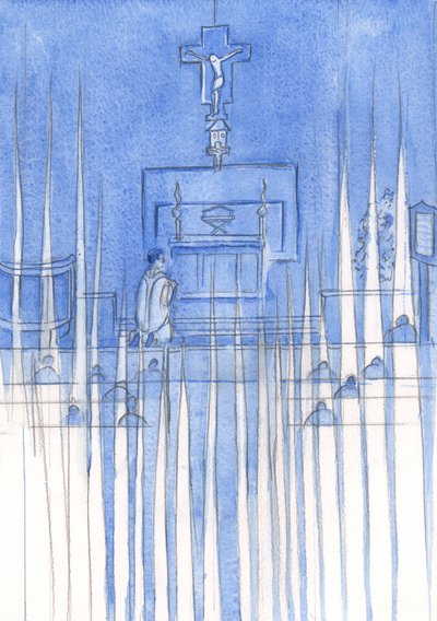 Når trofaste mennesker beder den hellige rosenkrans, omgiver hellige engle dem og holder vagt, i ærbødig stilhed, 2002 (w/c på papir) af Elizabeth Wang