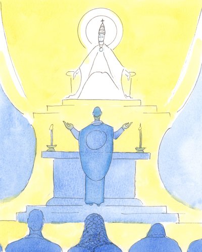 Når præst og mennesker alle vender i samme retning ved messen, ser de alle sammen mod Faderen for at prise ham gennem Kristus., 2004 (w/c på papir) af Elizabeth Wang