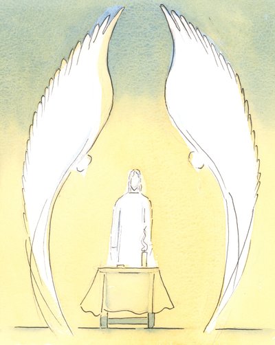 Når det velsignede sakramente bringes hjem til en syg person, er det i sandhed Kristus, der er sakramentalt til stede der, vogtet som altid af englene, der elsker og tilbeder ham., 2004 (w/c på papir) af Elizabeth Wang