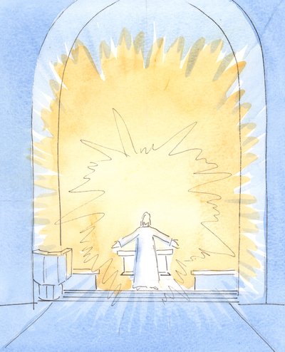 Når brødet er blevet indviet ved messen, er Kristus i det væsentlige til stede på vores alter, i al hans herlighed, 2004 (w/c på papir) af Elizabeth Wang