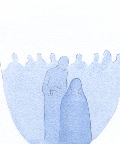 Da barnet Jesus blev fundet i templet, lænede han sig frem og forklarede stille over for sin hellige moder (med uendelig venlighed), at hans arbejde allerede var begyndt., 2001 (w/c på papir) af Elizabeth Wang