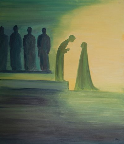 Da barnet Jesus blev fundet i templet, lænede han sig frem og forklarede stille over for sin hellige moder (med uendelig venlighed), at hans arbejde allerede var begyndt., 2001 (olie om bord) af Elizabeth Wang