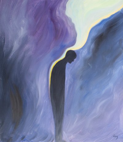 Når vi beder Vor Frue om at bede for skærsildens sjæle, gør hun det, og Guds rensende nåde udgydes over dem som en beroligende balsam, 2001 (olie om bord) af Elizabeth Wang