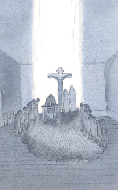 Når vi deltager og ofrer det ene, ærefrygtindgydende offer, finder vi Golgata, her ved alteret., 2001 (w/c på papir) af Elizabeth Wang