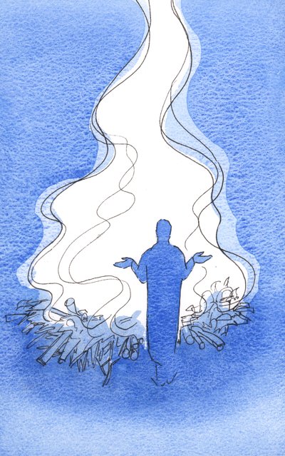 Når vi beder med Kristus stiger en stor flamme af lovprisning og forbøn til Faderen, 2002 (w/c på papir) af Elizabeth Wang