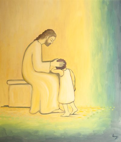 Når vi omvender os fra vores synder, ser Jesus Kristus på os med ømhed, ligesom når en mor omfavner sit barn, 2001 (olie om bord) af Elizabeth Wang