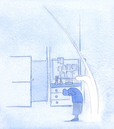 Når jeg bøjer mig for den hellige treenighed, gør min hellige engel det samme, ligesom han gentager ethvert ærbødigt tegn på korset, 2002 (w/c på papir) af Elizabeth Wang