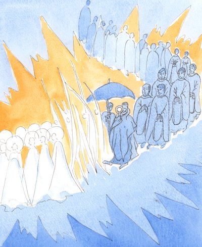 Hver gang vi ærer Jesu nærvær i det hellige sakramente, slutter englene og de hellige sig til os i vores tilbedelse, 2004 (w/c på papir) af Elizabeth Wang