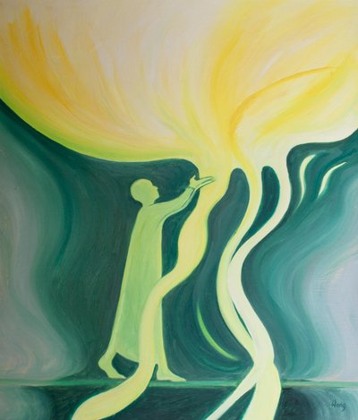 Hver gang vi beder, udgyder Gud sin nåde over os, 2000 (olie om bord) af Elizabeth Wang