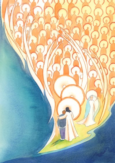 Hver gang vi beder i Jesu navn, selv i mørke eller ensomhed, deler vi livet for hele himlens selskab, 2004 (w/c på papir) af Elizabeth Wang